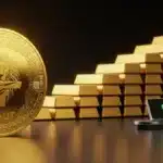 Illustration du jeton Tether Gold XAUT face à des lingots d'or, symbolisant sa part de marché dans un contexte de prix record.