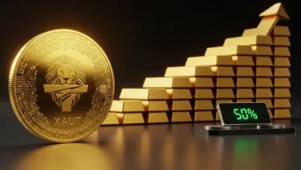 Illustration du jeton Tether Gold XAUT face à des lingots d'or, symbolisant sa part de marché dans un contexte de prix record.