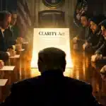 Illustration de la réunion d'urgence convoquée par la Maison Blanche entre les banques et les firmes crypto pour sauver le CLARITY Act.