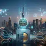 Illustration du lancement du USDU, le stablecoin validé par la Banque Centrale des EAU, sur fond de skyline de Dubaï.