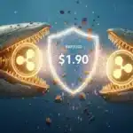 Illustration symbolique des baleines XRP absorbant une pression vendeuse de 800 millions de dollars pour protéger le prix.