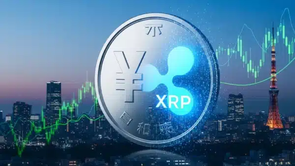 Illustration symbolisant l'intégration du XRP comme produit financier au Japon avec Tokyo en arrière-plan.