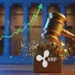 Illustration symbolisant la victoire judiciaire de Ripple et du XRP avec un marteau de juge et un graphique haussier.