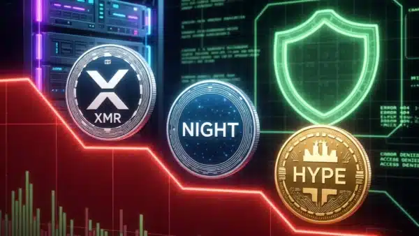 Illustration des altcoins Monero, Midnight et Hyperliquid surperformant un marché crypto baissier en février 2026.