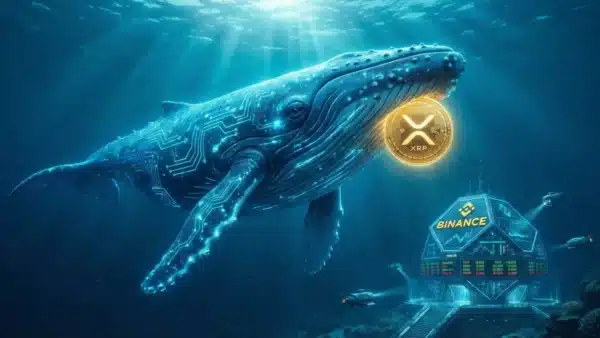 Illustration conceptuelle de baleines crypto retirant massivement des XRP de la plateforme Binance vers des portefeuilles privés.