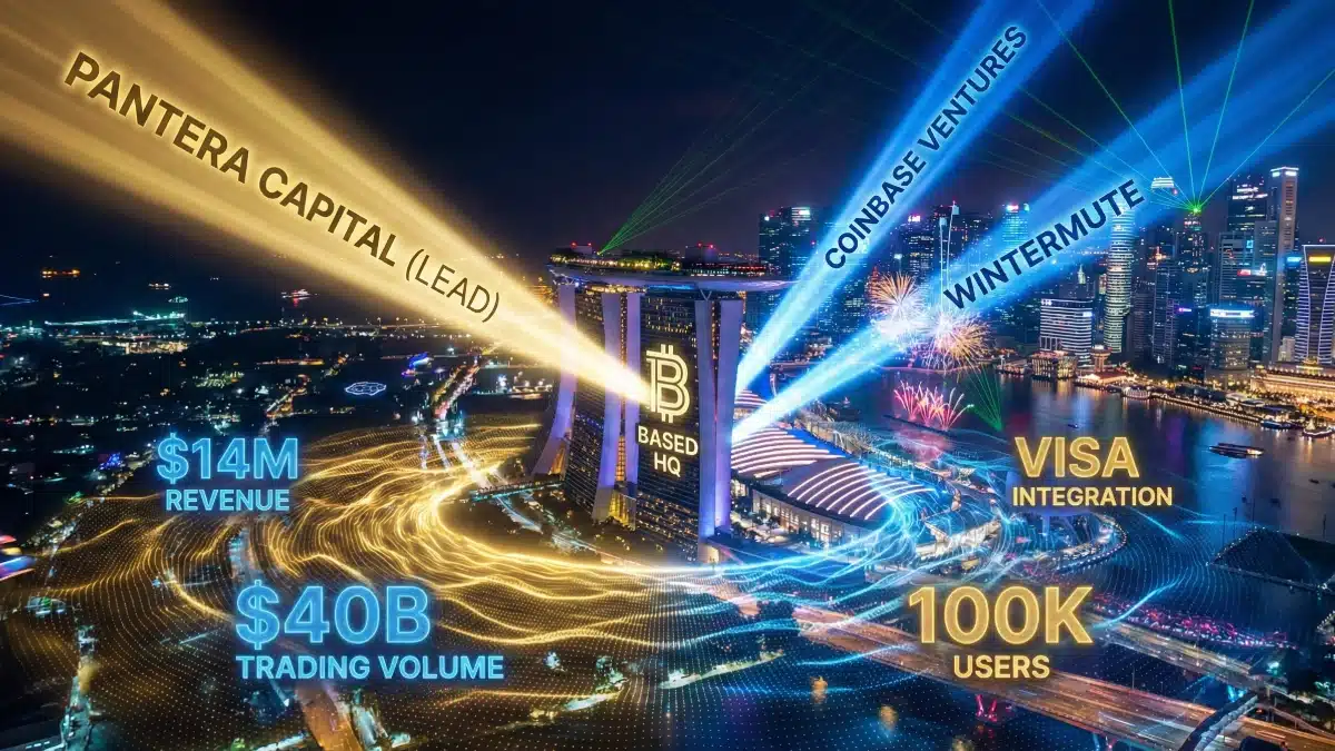 Illustration futuriste de la startup Based à Singapour recevant des investissements massifs de Pantera Capital, Coinbase et Wintermute, avec des indicateurs financiers records affichés en hologrammes.