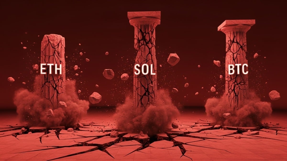 Illustration symbolique de l'effondrement du marché crypto montrant des piliers majeurs (ETH, SOL, BTC) se brisant sous la pression vendeuse.