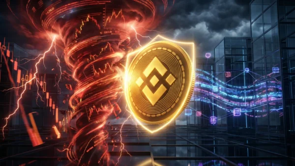 Illustration conceptuelle de la forte résilience de la cryptomonnaie BNB de Binance face au krach du marché financier mondial.