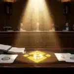 Illustration conceptuelle de la pression politique exercée par le Sénat américain sur la plateforme Binance concernant le blanchiment d'argent.