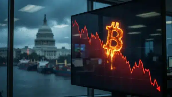 Illustration conceptuelle de la chute du prix du Bitcoin provoquée par la hausse des tarifs douaniers américains et les tensions avec l'Iran.