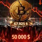 Graphique du Bitcoin montrant une consolidation fragile à 67 925 dollars avec un risque de chute vers 50 000 dollars.