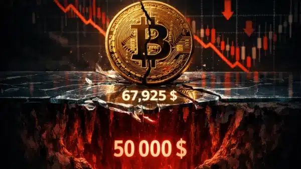 Graphique du Bitcoin montrant une consolidation fragile à 67 925 dollars avec un risque de chute vers 50 000 dollars.