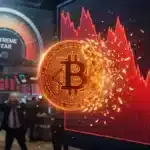Illustration conceptuelle du crash du cours du Bitcoin face aux incertitudes macroéconomiques et aux sorties massives des ETF.