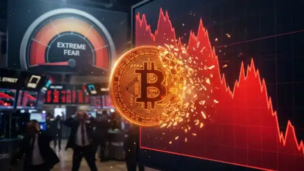 Illustration conceptuelle du crash du cours du Bitcoin face aux incertitudes macroéconomiques et aux sorties massives des ETF.