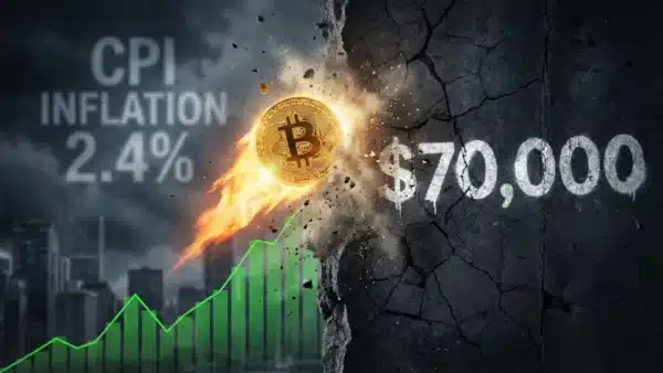 Graphique du Bitcoin montrant un rebond après le CPI mais bloqué par une résistance majeure à 70 000 dollars.
