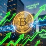 Illustration conceptuelle du puissant rebond haussier du Bitcoin franchissant la barre des 67 000 dollars en bourse.