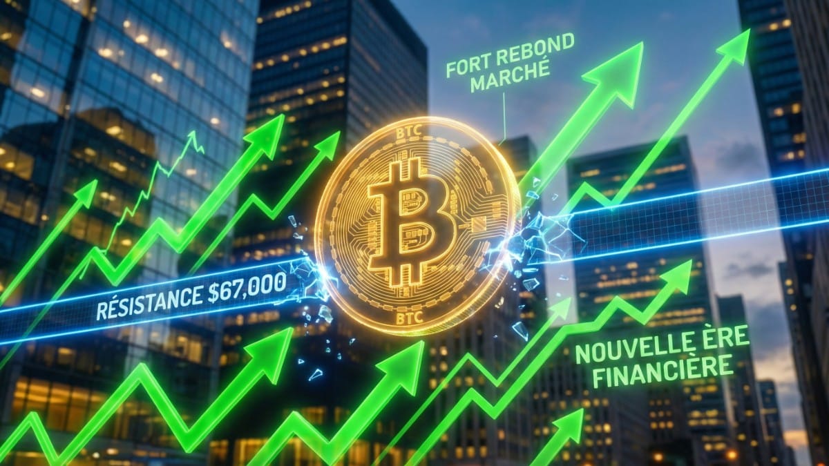 Illustration conceptuelle du puissant rebond haussier du Bitcoin franchissant la barre des 67 000 dollars en bourse.
