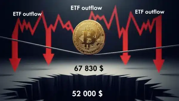 Graphique du Bitcoin montrant une stabilisation précaire à 67 830 dollars avec un risque de chute vers 52 000 dollars.