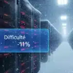 Illustration d'une ferme de minage Bitcoin à l'arrêt sous la neige avec une baisse de difficulté de 11%.