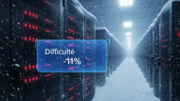 Illustration d'une ferme de minage Bitcoin à l'arrêt sous la neige avec une baisse de difficulté de 11%.