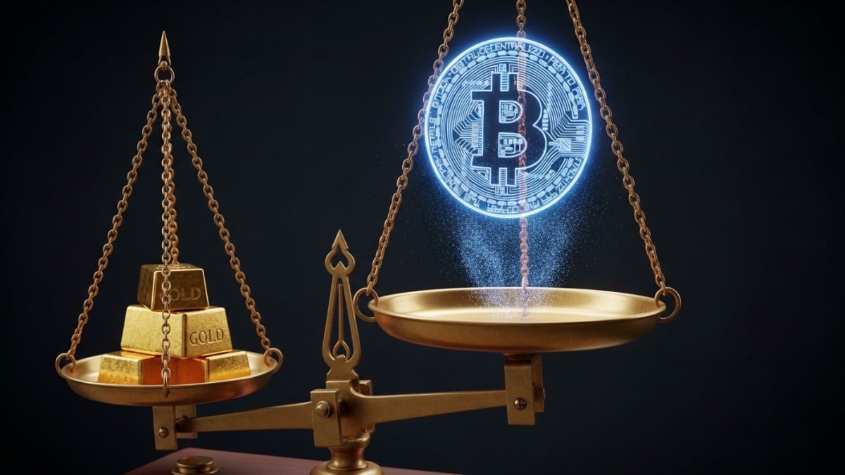 Illustration conceptuelle d'une balance montrant la domination de l'or physique (+68%) face à un Bitcoin numérique (-30%) qui perd sa substance de valeur refuge.