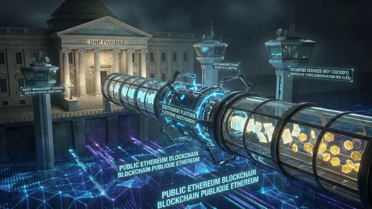 Illustration futuriste montrant la banque BNP Paribas utilisant sa plateforme AssetFoundry comme un pont sécurisé pour transformer des fonds internes en jetons sur la blockchain publique Ethereum, sous la surveillance de ses divisions spécialisées.