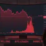 Graphique du Bitcoin s'effondrant sous 64 000 dollars avec un volume record.