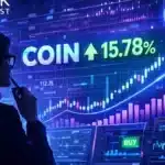 Illustration conceptuelle de Cathie Wood et Ark Invest achetant des actions Coinbase sur fond de graphiques boursiers.