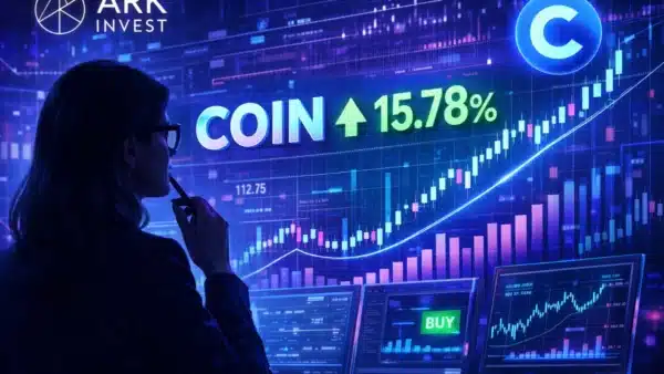 Illustration conceptuelle de Cathie Wood et Ark Invest achetant des actions Coinbase sur fond de graphiques boursiers.