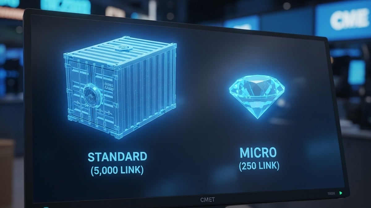 Illustration symbolique des deux nouveaux contrats à terme Chainlink du CME : un format lourd "Standard" pour les institutions et un format léger "Micro" pour les particuliers.