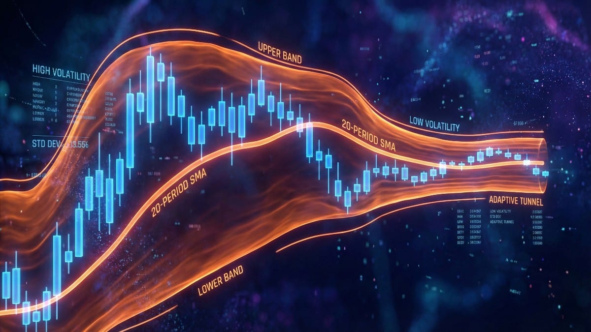 Illustration 3D d'un graphique boursier crypto montrant le fonctionnement dynamique des Bandes de Bollinger : un canal élastique qui s'élargit avec la volatilité et se contracte pendant les périodes de calme.