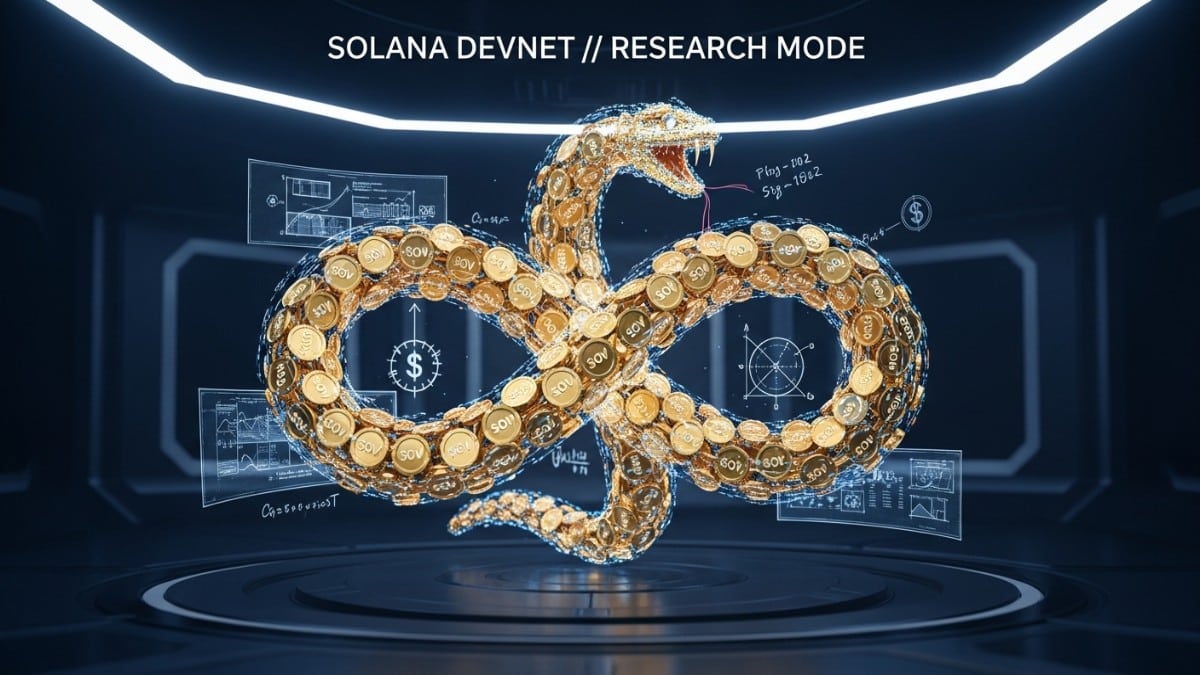 Illustration conceptuelle d'un laboratoire de recherche Solana montrant le projet Percolator/SOV : une structure en boucle fermée (Ouroboros) faite de tokens SOV fonctionnant comme leur propre garantie dans un environnement de simulation.
