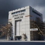 Illustration symbolique d'une correction de marché saine : une forteresse solide résistant à la tempête tandis que les échafaudages fragiles représentant les effets de levier sont emportés.