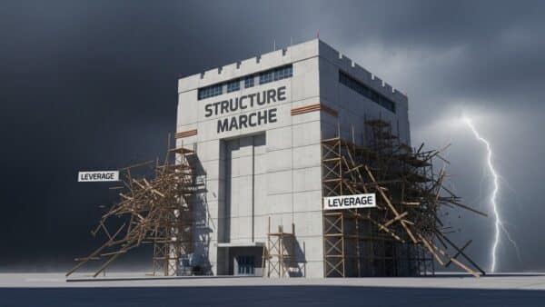 Illustration symbolique d'une correction de marché saine : une forteresse solide résistant à la tempête tandis que les échafaudages fragiles représentant les effets de levier sont emportés.