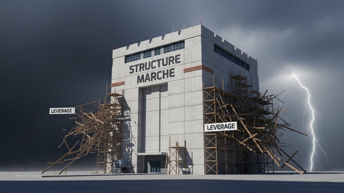 Illustration symbolique d'une correction de marché saine : une forteresse solide résistant à la tempête tandis que les échafaudages fragiles représentant les effets de levier sont emportés.