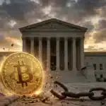 Illustration conceptuelle du Bitcoin brisant ses chaînes après la décision de la Cour Suprême d'annuler les tarifs douaniers de Donald Trump.