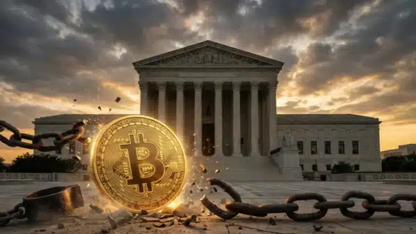 Illustration conceptuelle du Bitcoin brisant ses chaînes après la décision de la Cour Suprême d'annuler les tarifs douaniers de Donald Trump.