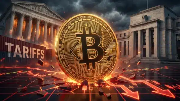 Graphique boursier illustrant la violente chute du cours Bitcoin sous les 64 000 dollars suite à la surenchère des tarifs douaniers américains.