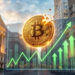 Illustration conceptuelle du rebond du cours Bitcoin formant une figure technique en double creux (double-bottom) sur les marchés financiers.