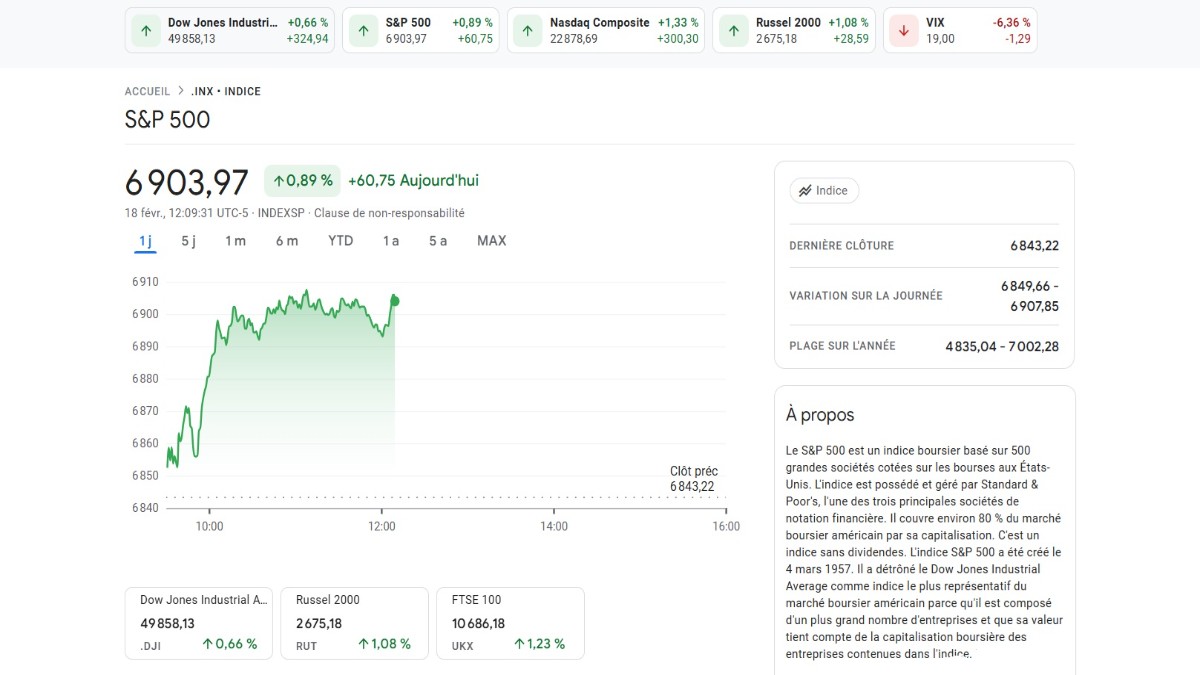 Graphique montrant le Cours S&P 500 à 6 903,97 en hausse aujourd'hui selon Google Finance