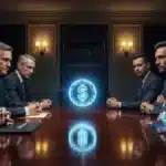 Illustration symbolisant les négociations tendues à la Maison Blanche entre les banques et l'industrie crypto sur les rendements des stablecoins.