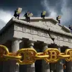 Illustration symbolique de l'étouffement de la démocratie par l'accaparement institutionnel de la cryptomonnaie.