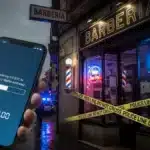 Police espagnole devant un salon de coiffure utilisé pour le financement du terrorisme via cryptomonnaie.