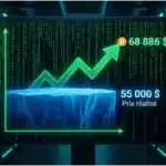 Graphique du Bitcoin a 68 886 dollars avec une projection de fond ultime a 55 000 dollars selon CryptoQuant.