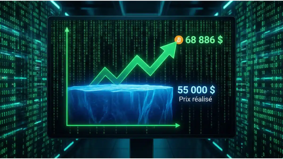 Graphique du Bitcoin a 68 886 dollars avec une projection de fond ultime a 55 000 dollars selon CryptoQuant.