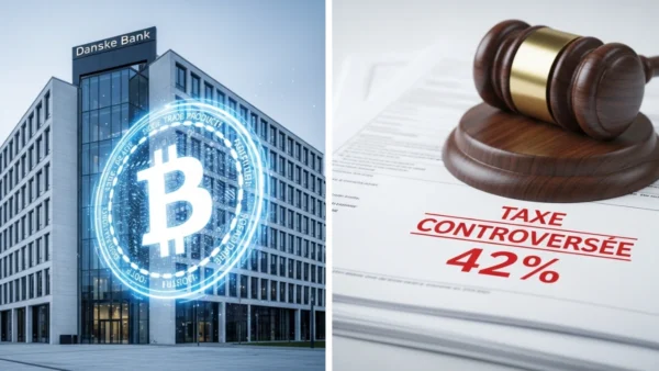 Illustration du siège de la Danske Bank au Danemark proposant des ETP Bitcoin face à la menace d'une taxe sur les gains non réalisés.
