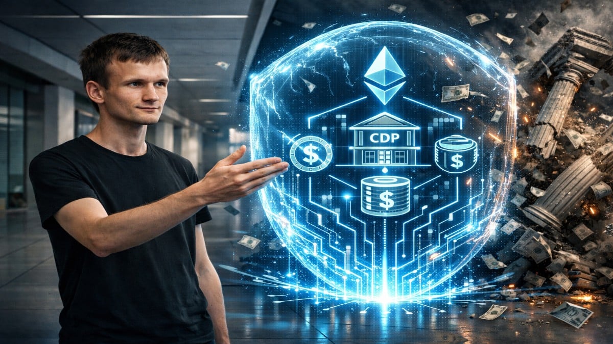 Illustration symbolique montrant Vitalik Buterin devant une architecture de stablecoin décentralisé (CDP sur Ethereum) agissant comme un bouclier contre les risques bancaires traditionnels et la volatilité du dollar.