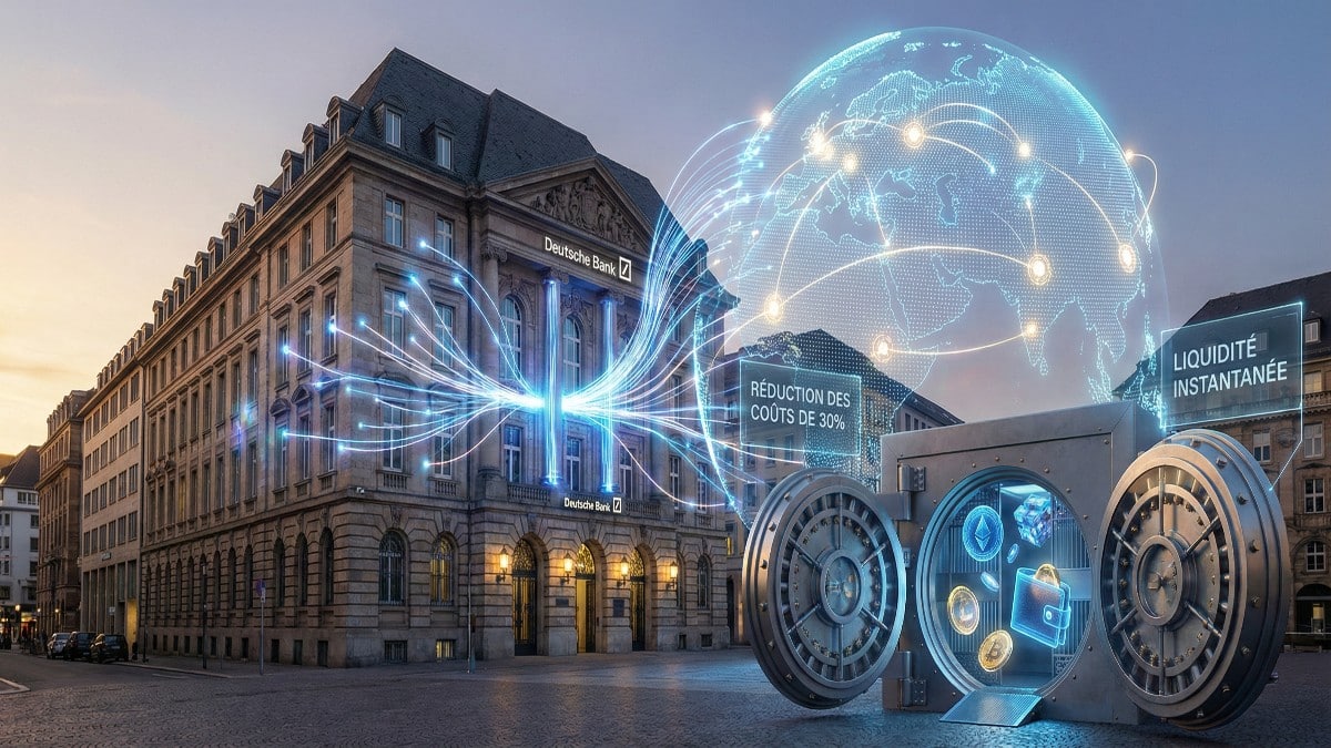 Illustration conceptuelle de la Deutsche Bank intégrant la technologie blockchain Ripple pour réaliser des transferts internationaux instantanés et moderniser la garde d'actifs numériques.