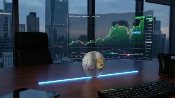 Tableau de bord financier illustrant la tentative de stabilisation technique du cours du Dogecoin face à la correction des marchés macroéconomiques.