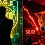 Illustration montrant le contraste entre les ambitions politiques d'Elon Musk (D.O.G.E) et la chute du cours du Dogecoin vers 0,08 $.
